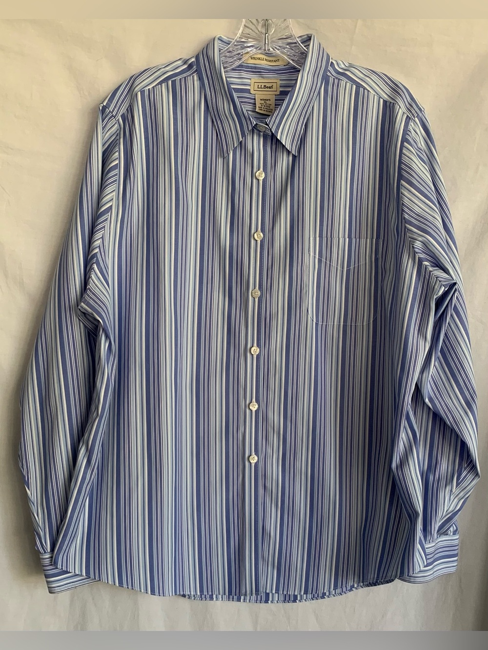 L.L. Bean Women’s Blue and White Vertical Stripe Button-Up Blouse
